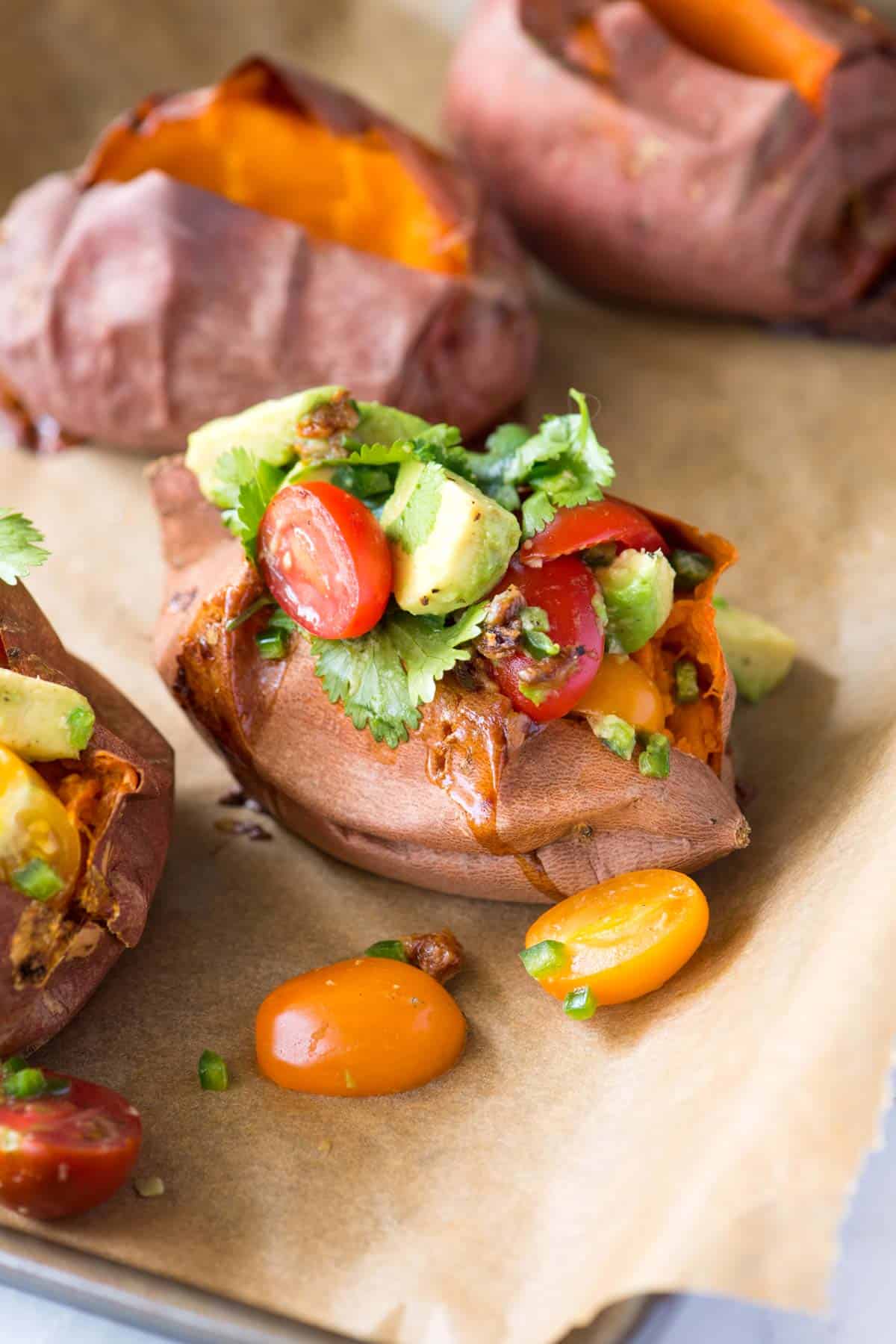 Vegan Avocado Salsa Stuffed Sweet Potatoes